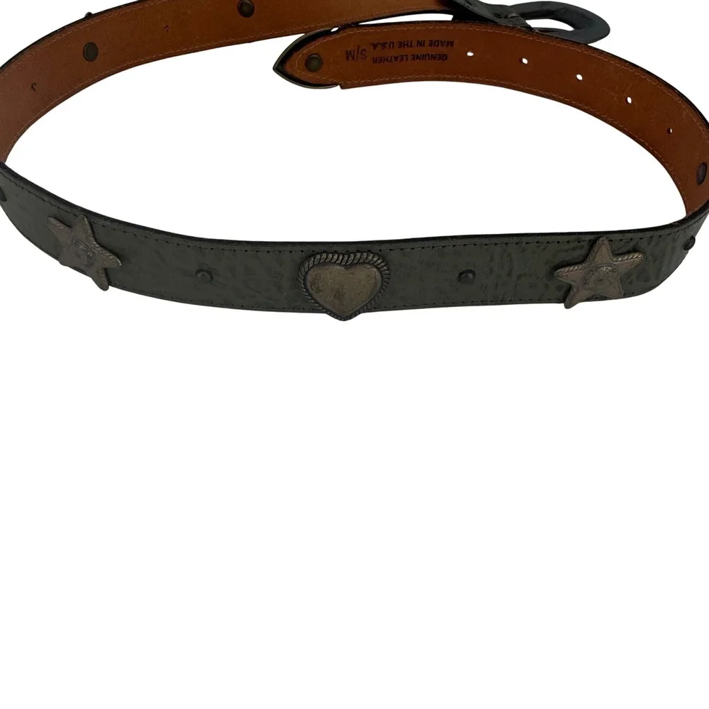 VTG Olive‎ Green Leather Western Belt Heart Star Conchos Brass Buckle USA S/M